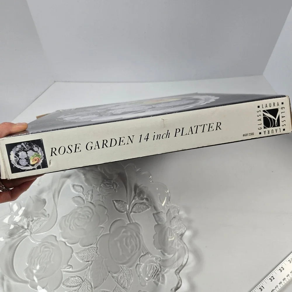 Laura Glass Rose Garden Platter 14 inch Clear Frosted Floral Serving Tray
